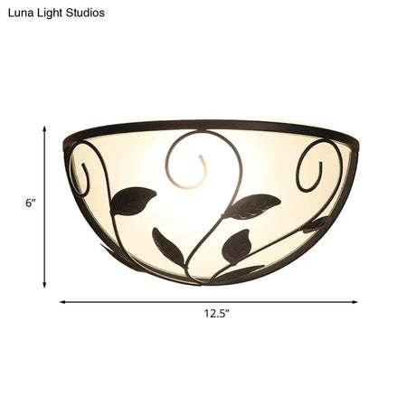 Vintage White Glass Half Moon Wall Sconce With Leaf Design For Bedroom Lighting