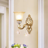 Vintage White Glass Sconce Light With Carved Arm - 1-Light Petal Wall Mounted Lighting In Gold