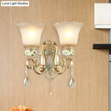 Vintage White Glass Wall Sconce With Gold Scallop Design And 1/2 Lights - Elegant Golden Arm