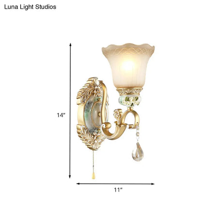 Vintage White Glass Wall Sconce With Gold Scallop Design And 1/2 Lights - Elegant Golden Arm