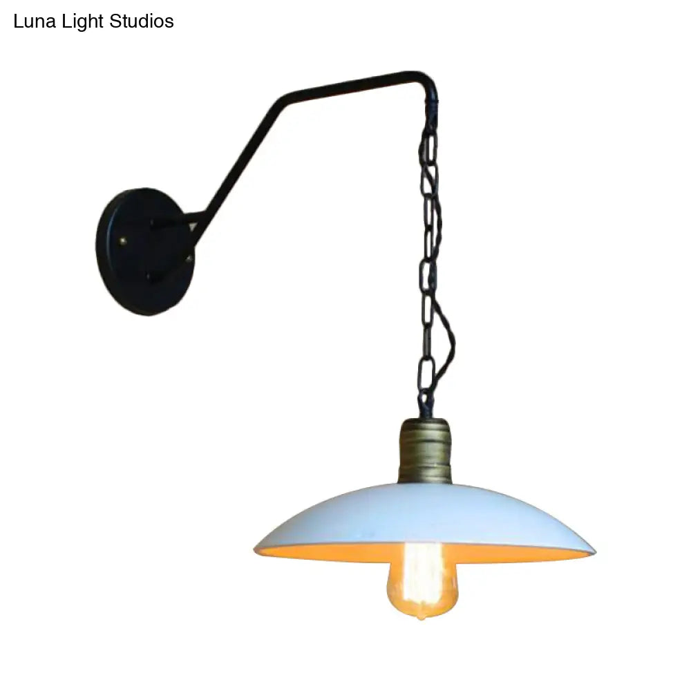Vintage White Wall Lighting With Saucer Shade And Chain - Bedroom Light Fixture Metallic 1 Bulb