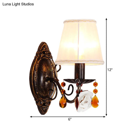 Vintage White Wall Mounted Sconce With Curved Arm & Cone Fabric Shade - Ideal For Corridors 1 Light