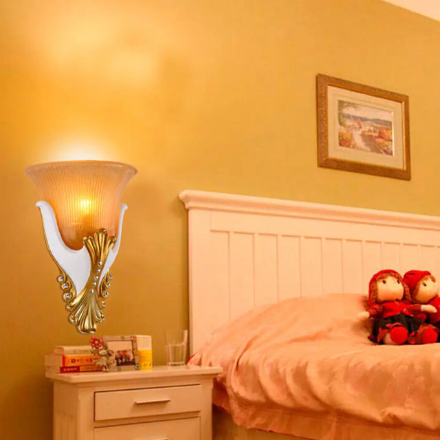 Vintage White/Yellow Glass Wall Light With Ribbed Design - Bedside Sconce Bell Shape 9.5/13 Wide