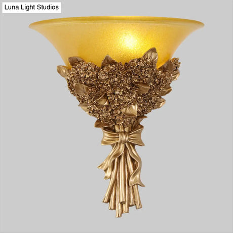 Vintage Wide Bell Wall Mounted Lamp In Gold/Multi-Color - Amber/Milky Glass Bouquet Lighting Fixture