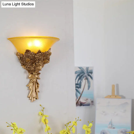 Vintage Wide Bell Wall Mounted Lamp In Gold/Multi-Color - Amber/Milky Glass Bouquet Lighting Fixture