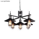 Vintage Wide Flared Pendant Chandelier With 6 Heads And Clear Glass Shade - Black Metal Caged Drop