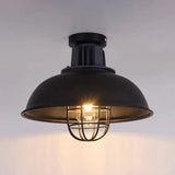 Vintage Wire Cage Ceiling Light With Semi-Flush Mount & Bowl Shade In Black
