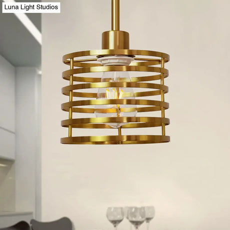 Vintage Wire Cage Hanging Lamp: Metallic Pendant Light With Cylindrical Black/Brass Shade
