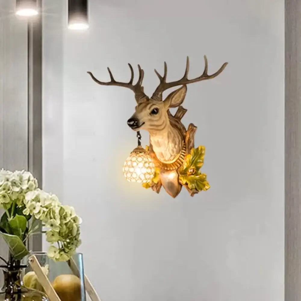 Vintage Wood Resin Wall Lamp With Teardrop Crystal Shade - 1 Light Elk Sconce For Living Room