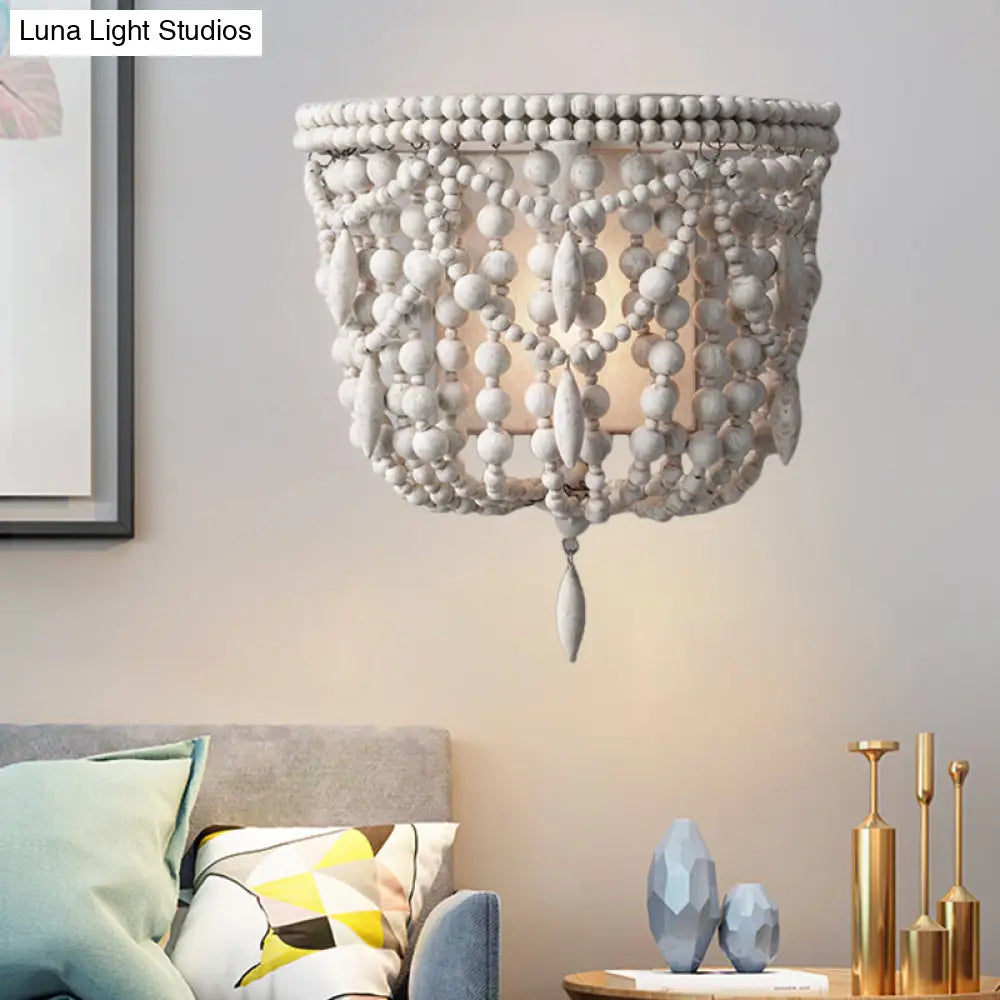 Vintage Wood Wall Mount Sconce Light - White Beaded 1-Light Fixture For Living Room