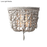 Vintage Wood Wall Mount Sconce Light - White Beaded 1-Light Fixture For Living Room