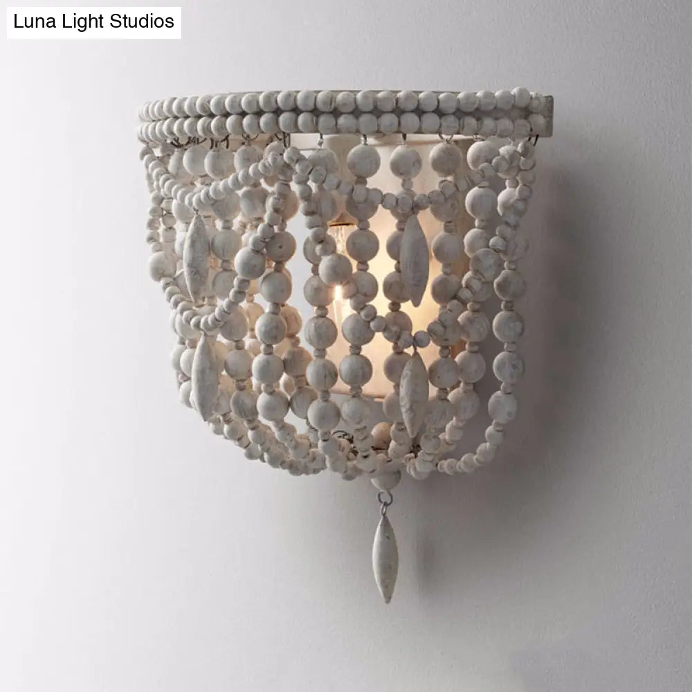 Vintage Wood Wall Mount Sconce Light - White Beaded 1-Light Fixture For Living Room