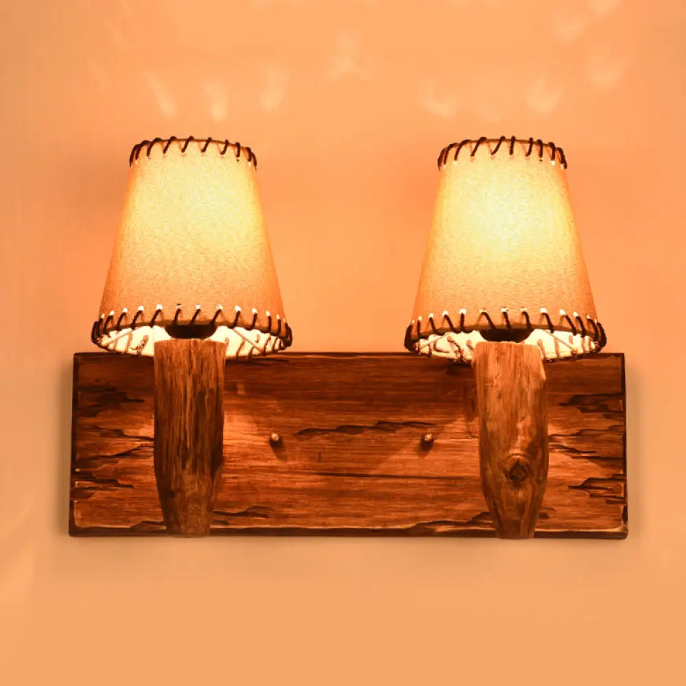 Vintage Wood Wall Mounted Sconce Light 1/2 Lights Fabric Shade - Ideal For Dining Room 2 /