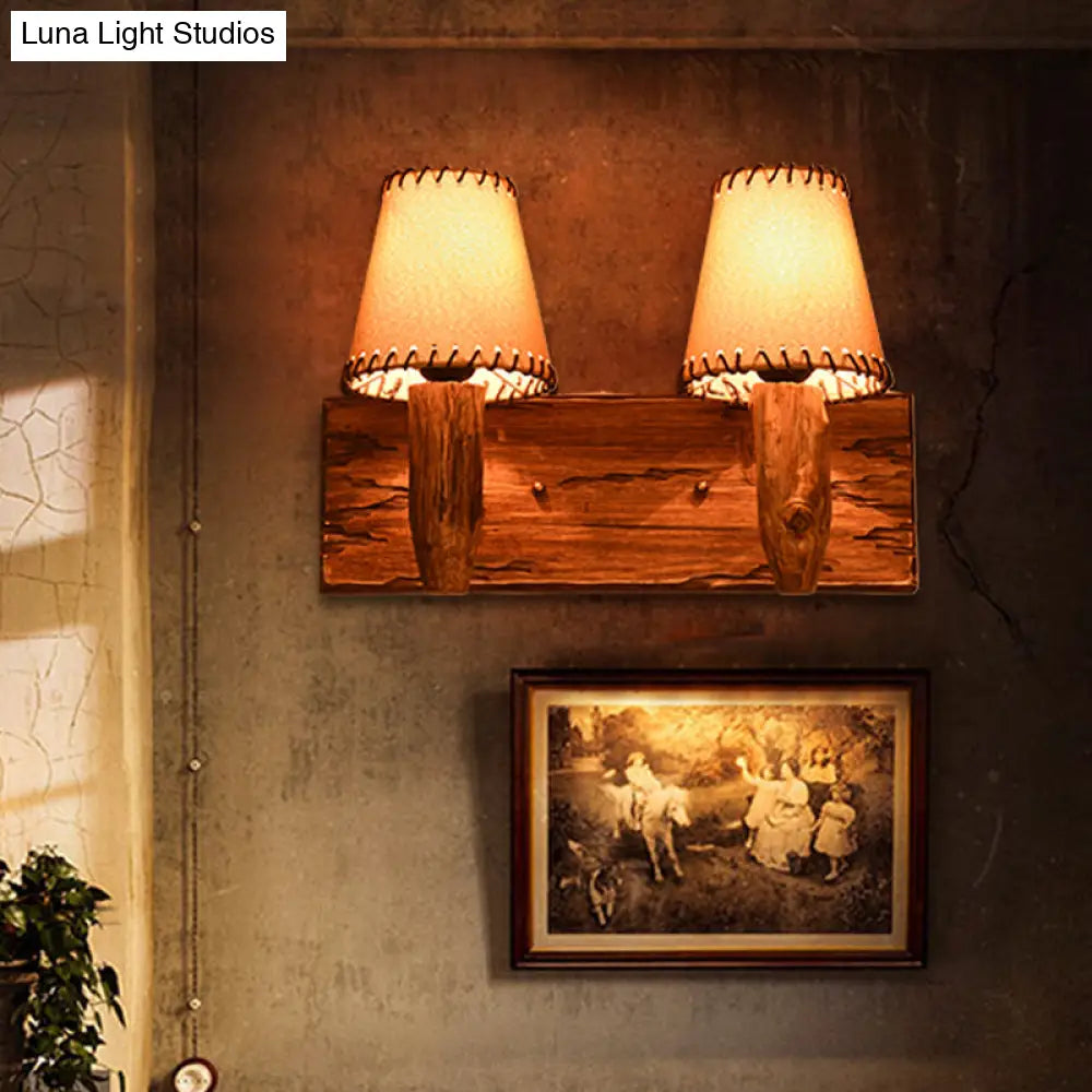 Vintage Wood Wall Mounted Sconce Light 1/2 Lights Fabric Shade - Ideal For Dining Room