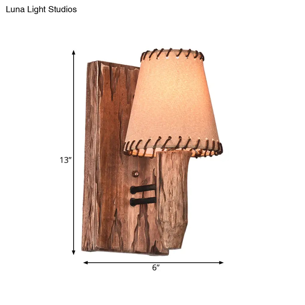 Vintage Wood Wall Mounted Sconce Light 1/2 Lights Fabric Shade - Ideal For Dining Room