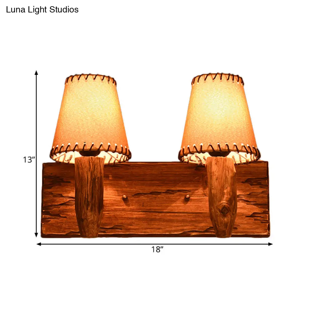 Vintage Wood Wall Mounted Sconce Light 1/2 Lights Fabric Shade - Ideal For Dining Room