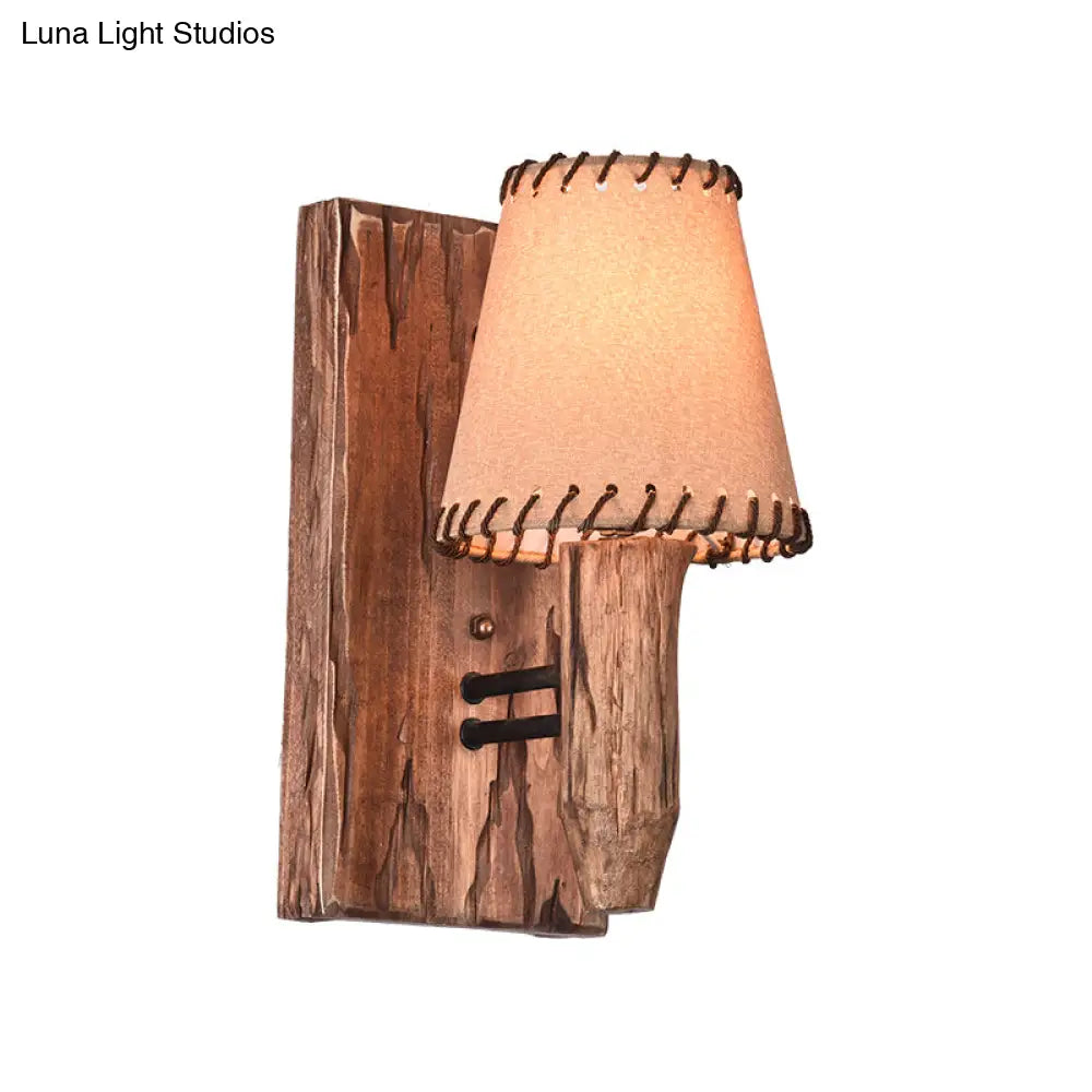 Vintage Wood Wall Mounted Sconce Light 1/2 Lights Fabric Shade - Ideal For Dining Room