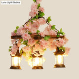 Vintage Wooden Lantern Pendant Chandelier With Led Flower Suspension Light In Pink - 3/6/8 Heads