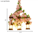 Vintage Wooden Lantern Pendant Chandelier With Led Flower Suspension Light In Pink - 3/6/8 Heads