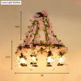 Vintage Wooden Lantern Pendant Chandelier With Led Flower Suspension Light In Pink - 3/6/8 Heads