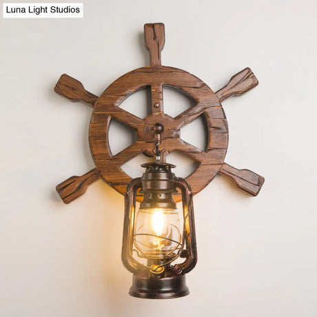 Vintage Wooden Rudder Wall Lamp - Industrial Nautical Style Sconce For Restaurant Bar