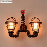 Vintage Wrought Iron Wall Lamp With Wire Guard & Pipe-Valve Fixture (2 Bulbs Black)