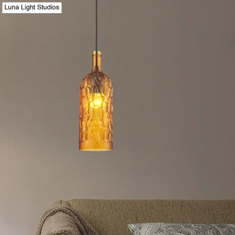 Vintage Yellow/Brown Glass Pendant Light With Dimpled Bottle Shade - 1-Light Fixture For Living Room