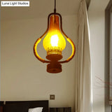Vintage Yellow Crackle Glass Kerosene Pendant Light For Living Room - Black 1-Light Hanging Ceiling