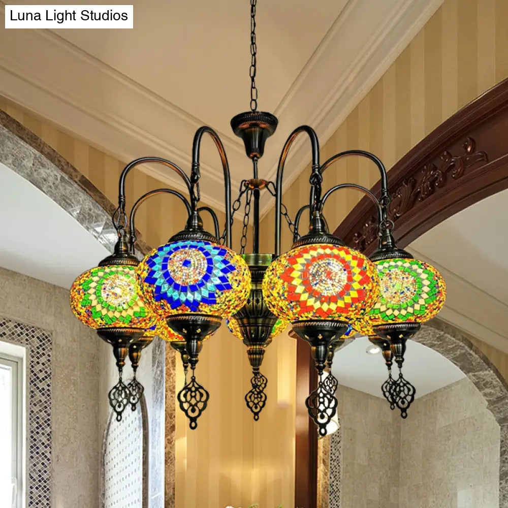 Vintage Yellow/Green Hand Cut Glass Chandelier Lighting - 9 Heads Oval Ceiling Pendant Light