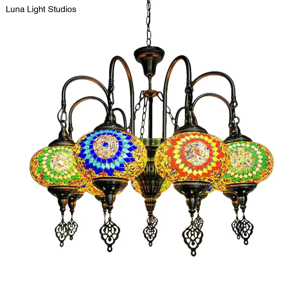 Vintage Yellow/Green Hand Cut Glass Chandelier Lighting - 9 Heads Oval Ceiling Pendant Light