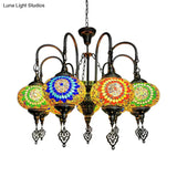 Vintage Yellow/Green Hand Cut Glass Chandelier Lighting - 9 Heads Oval Ceiling Pendant Light