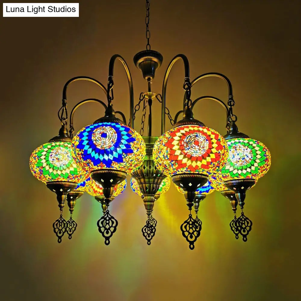 Vintage Yellow/Green Hand Cut Glass Chandelier Lighting - 9 Heads Oval Ceiling Pendant Light