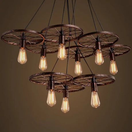 Wagon Wheel Cast Iron Chandelier Pendant Light For Dining Room - Loft Style 9 / Rust