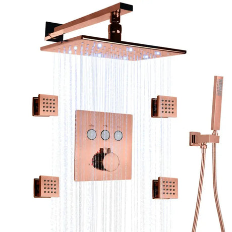 Wall Mounted Shower LED Rain Shower Rose Gold Bathroom Constant Temperature Concealed Shower Set With Massage Nozzle