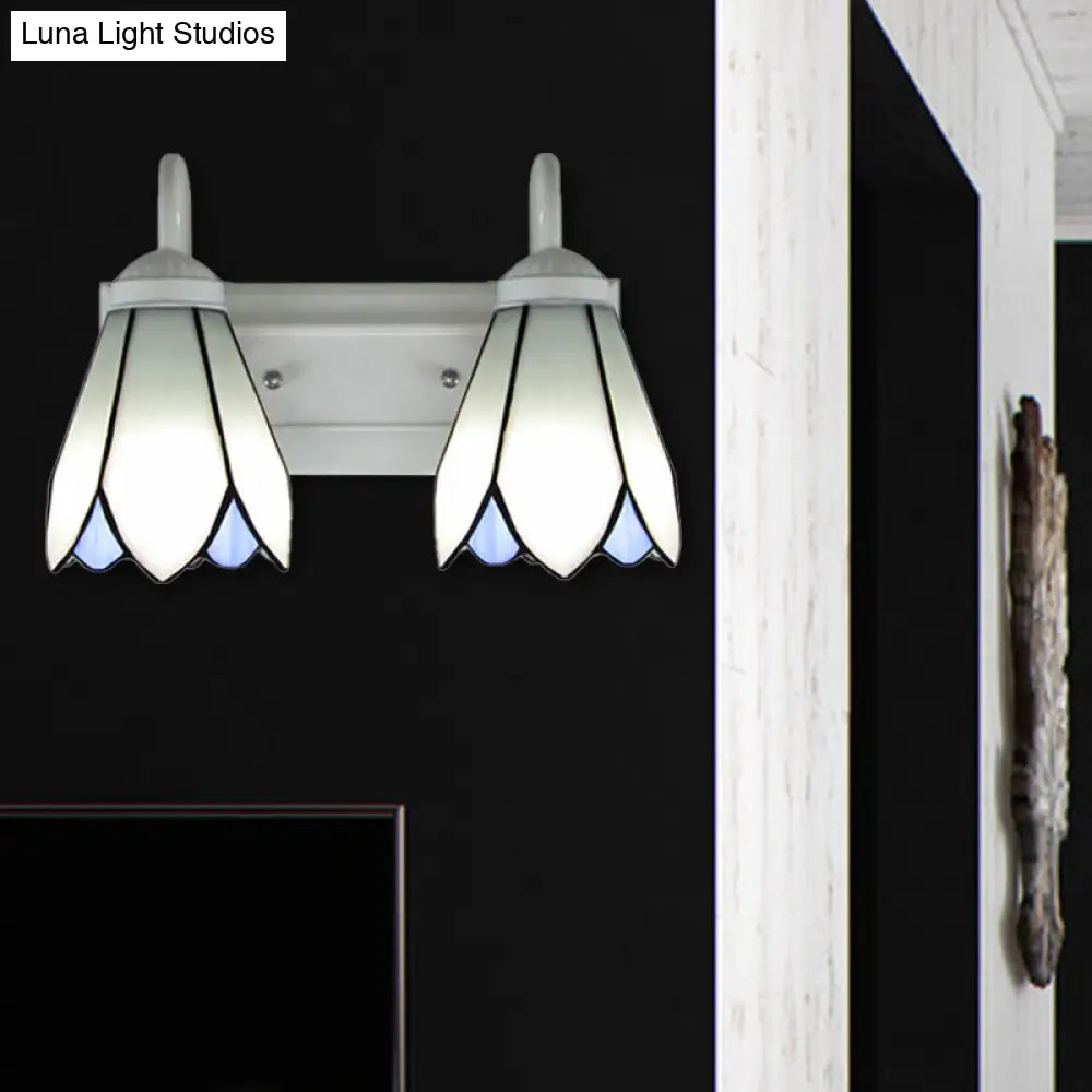 Wall Mounted Tiffany Lily White Glass Sconce Light Fixture With 2 Heads For Bedroom