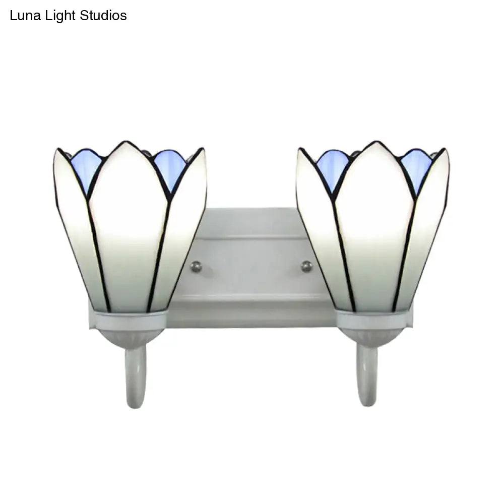 Wall Mounted Tiffany Lily White Glass Sconce Light Fixture With 2 Heads For Bedroom