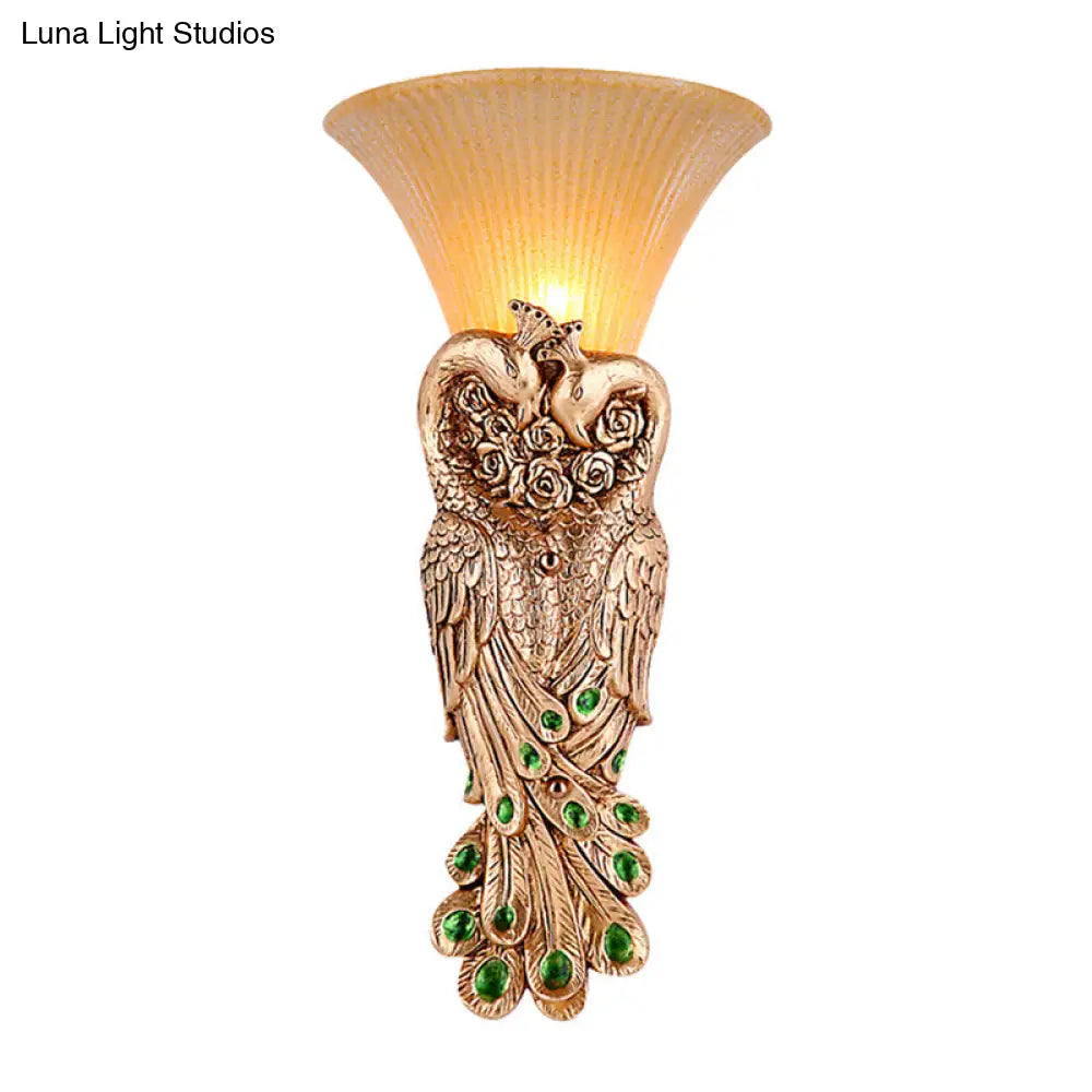 Wall Sconce With Countryside Design And Fluted Amber Glass - Peacock Decor In Gold