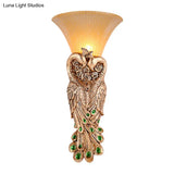 Wall Sconce With Countryside Design And Fluted Amber Glass - Peacock Decor In Gold