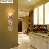 Wall Sconce With Countryside Design And Fluted Amber Glass - Peacock Decor In Gold