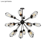 Warehouse Style Metal Bulb Cage Chandelier - Black Hanging Lamp With 9/12/15 Heads For Living Room