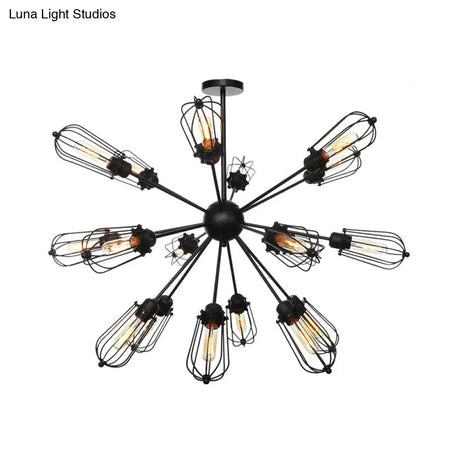 Warehouse Style Metal Bulb Cage Chandelier - Black Hanging Lamp With 9/12/15 Heads For Living Room