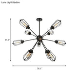 Warehouse Style Metal Bulb Cage Chandelier - Black Hanging Lamp With 9/12/15 Heads For Living Room