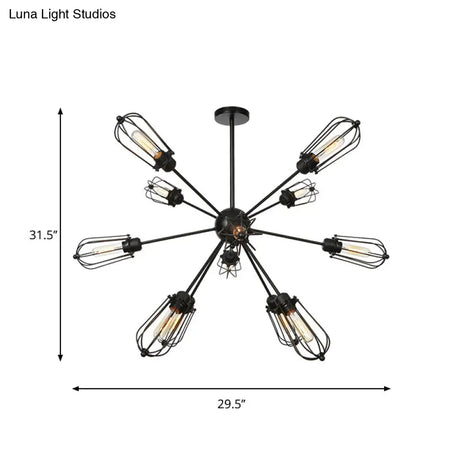 Warehouse Style Metal Bulb Cage Chandelier - Black Hanging Lamp With 9/12/15 Heads For Living Room