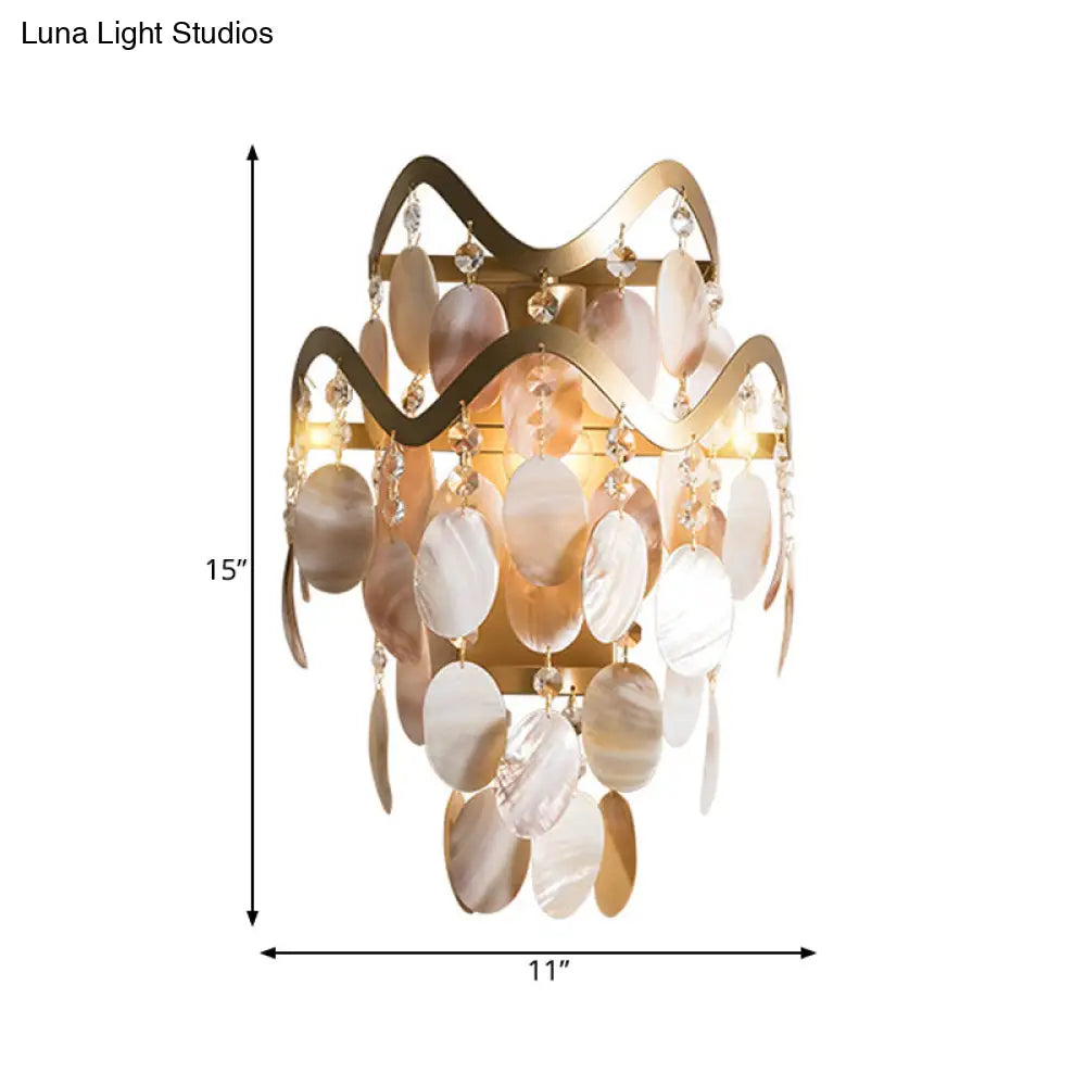 Wave Sconce Light - Gold Wall Mount With Flower Crystal/Shell Accent