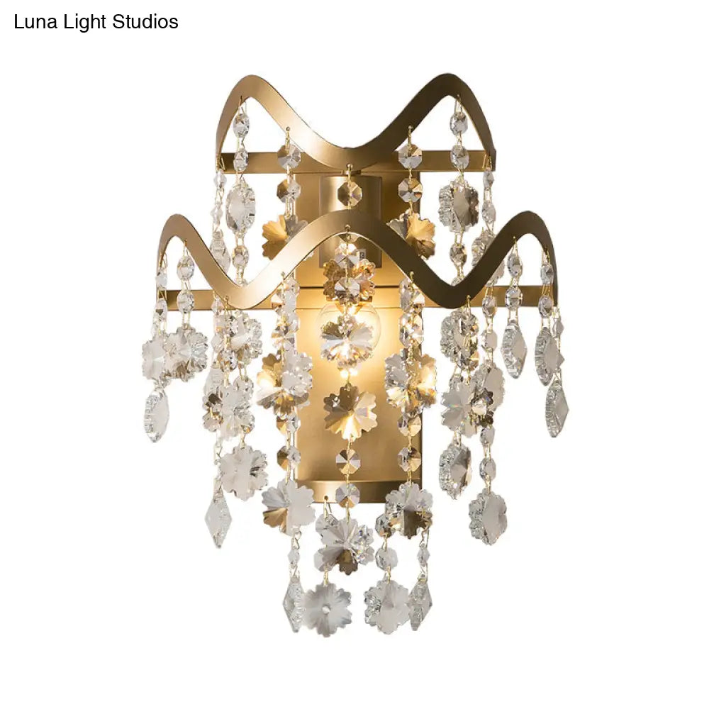 Wave Sconce Light - Gold Wall Mount With Flower Crystal/Shell Accent