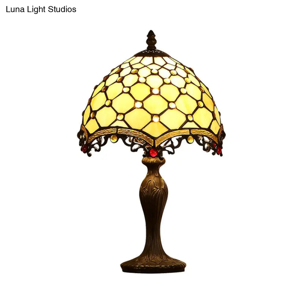Wave-Trim Fishscale Table Lamp - Tan Glass Baroque Nightstand Light In Dark Brown