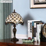 Wave-Trim Fishscale Table Lamp - Tan Glass Baroque Nightstand Light In Dark Brown