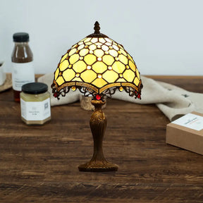 Wave-Trim Fishscale Table Lamp - Tan Glass Baroque Nightstand Light In Dark Brown