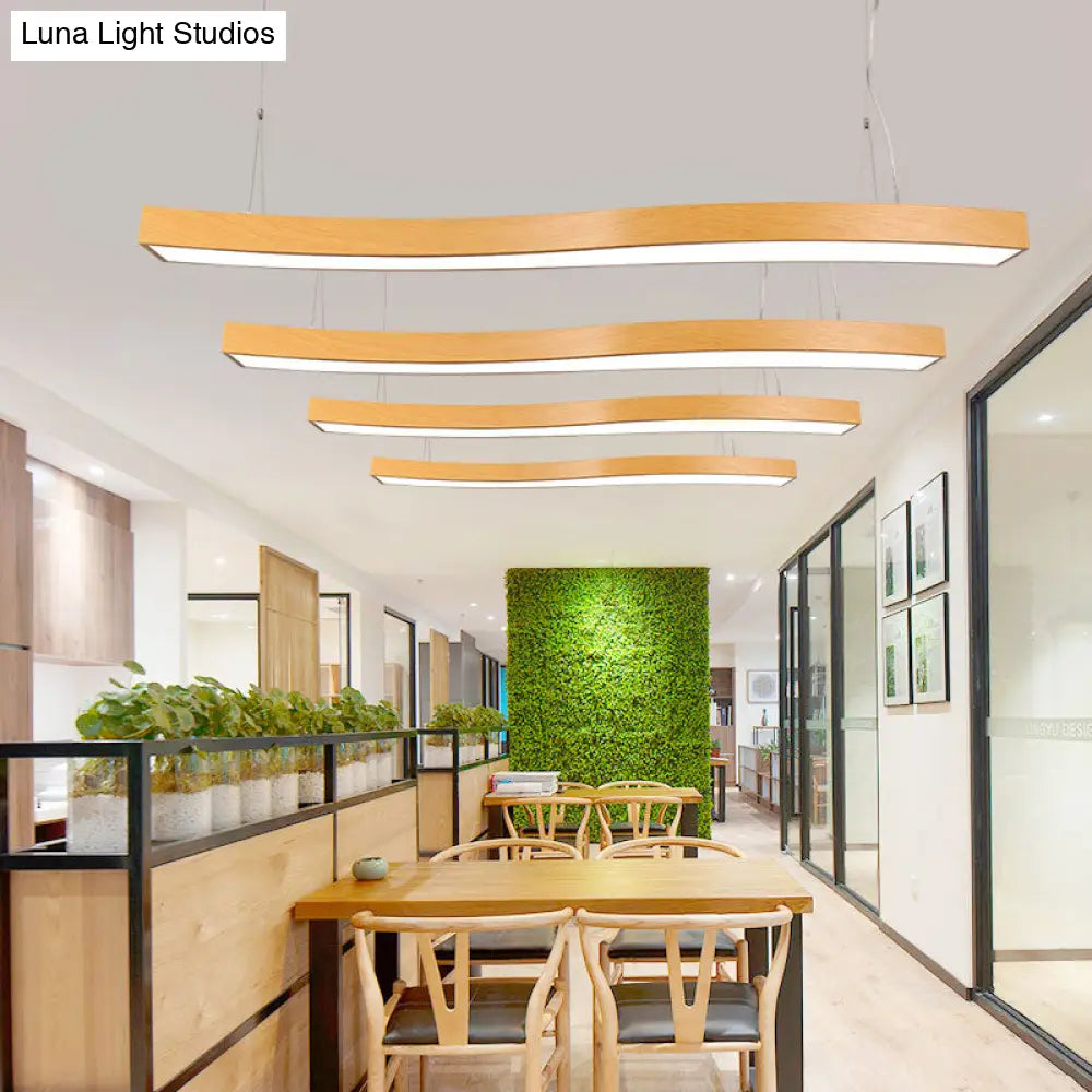 Wavy Led Pendant Chandelier - Minimalist Metal And Wood Suspension Light For Office