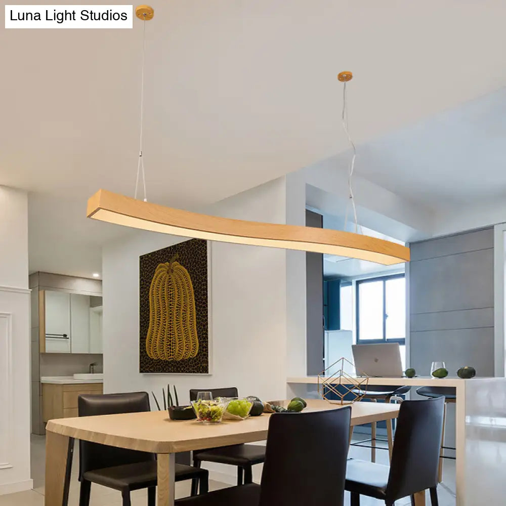 Wavy Led Pendant Chandelier - Minimalist Metal And Wood Suspension Light For Office